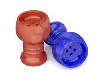 Red and blue ceramic hookah bowls on white background