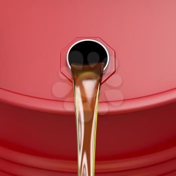 Pouring motor oil from the red barrel