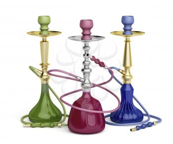Three hookahs with different designs and colors on white background