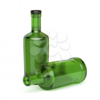 Two green glass bottles on white background