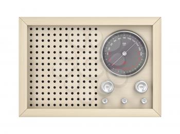 Front view of wooden analog radio in retro style, isolated on white background