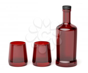 Red glass bottle and two empty glasses on white background