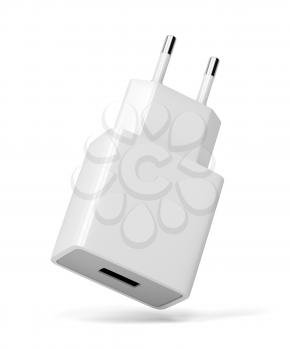 Smartphone, tablet or other electronic device charger with USB port on white background
