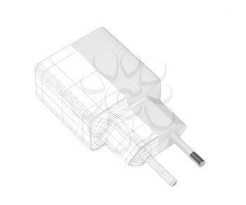 3D model of smartphone charger with visible wire-frame