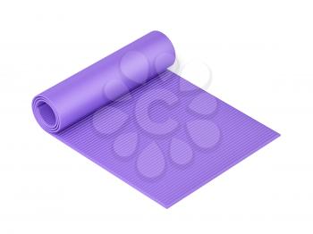 Purple half rolled yoga mat on white background