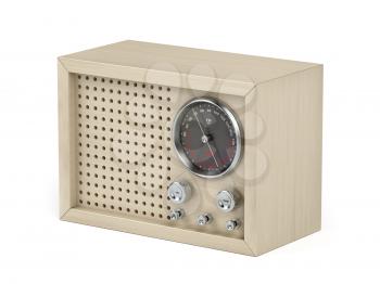 Wood analog radio in retro style on white background
