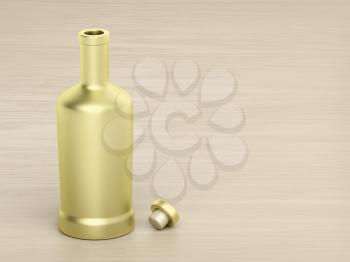 Gold bottle for alcoholic beverage on wood table