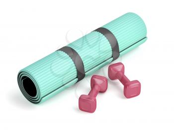Dumbbells and rubber exercise mat on white background
