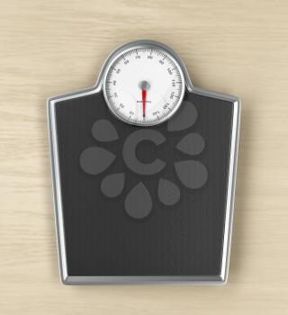 Mechanical weighing scale on wooden floor, top view