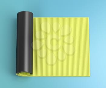 Rubber fitness mat on blue floor, top view