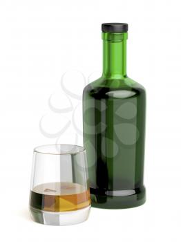 Green glass bottle and a glass of whisky on white background
