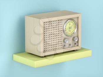 Wooden retro radio on shelf