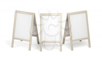 Three blank advertising stands with wooden frames on white background
