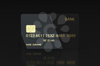 Black bank card with golden numbers, 3d rendering. Computer digital drawing.