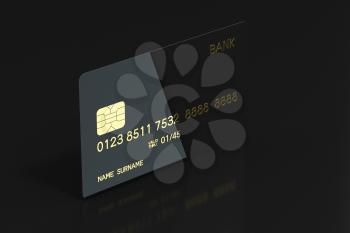 Black bank card with golden numbers, 3d rendering. Computer digital drawing.