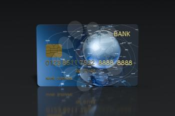Blue bank card with dark background, 3d rendering. Computer digital drawing.