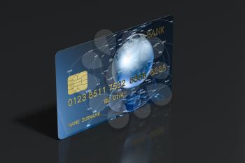 Blue bank card with dark background, 3d rendering. Computer digital drawing.