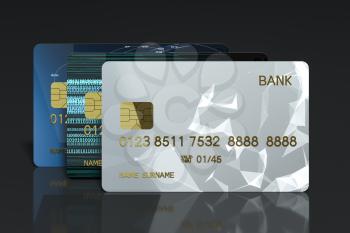 Pile of bank card with black background, 3d rendering. Computer digital drawing.