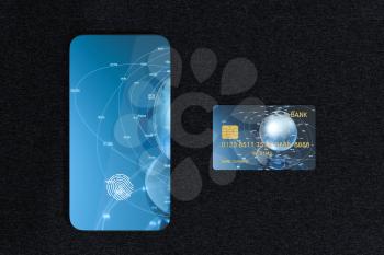 Bank cards and mobile phone with fingerprint identification, 3d rendering. Computer digital drawing.