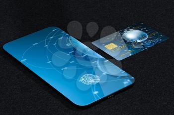 Bank cards and mobile phone with fingerprint identification, 3d rendering. Computer digital drawing.