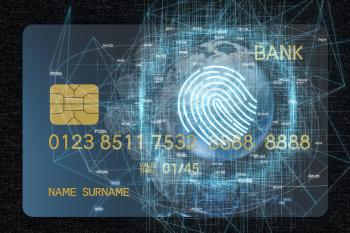Bank card with fingerprint tech concept glowing lines, 3d rendering. Computer digital drawing.