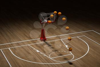 Basketball court with wooden floor, 3d rendering. Computer digital drawing.