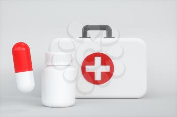 Medical kit and emergency medical equipment with white background,3d rendering. Computer digital drawing.
