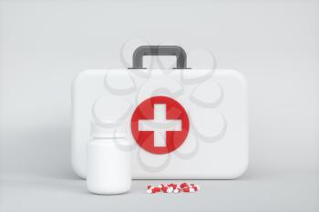 Medical kit and emergency medical equipment with white background,3d rendering. Computer digital drawing.