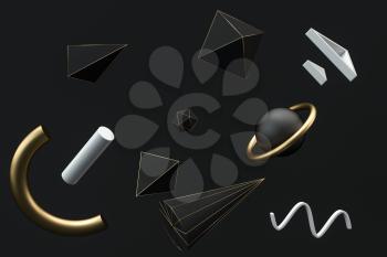 Golden and black abstract objects, 3d rendering. Computer digital drawing.
