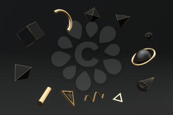 Golden and black abstract objects, 3d rendering. Computer digital drawing.