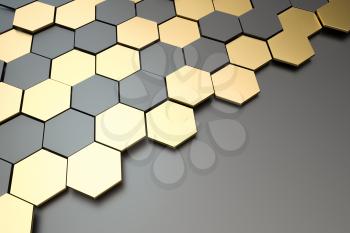 Dark and golden hexagon pattern background, 3d rendering. Computer digital drawing.