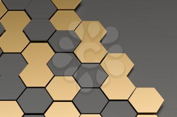 Dark and golden hexagon pattern background, 3d rendering. Computer digital drawing.