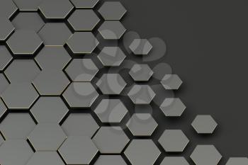 Dark hexagon pattern background, 3d rendering. Computer digital drawing.