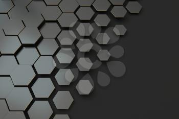 Dark hexagon pattern background, 3d rendering. Computer digital drawing.