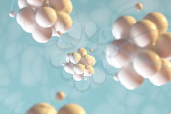 Atom spheres with cyan organic background, 3d rendering. Computer digital drawing.