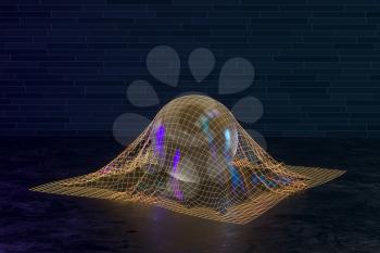 Transparent bubble in the golden grid, 3d rendering. Computer digital drawing.