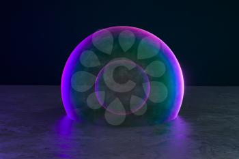 Purple bubble on the floor with dark background, 3d rendering. Computer digital drawing.