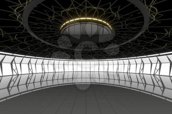 Dark round room with reflective floor, 3d rendering. Computer digital drawing.