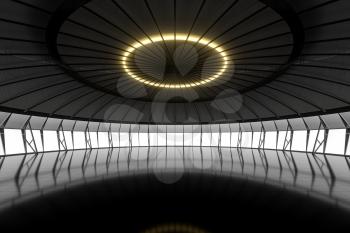 Dark round room with reflective floor, 3d rendering. Computer digital drawing.