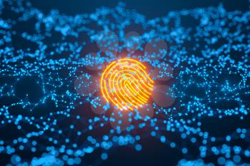Glowing golden fingerprint identification with blue background, 3d rendering. Computer digital drawing.