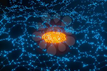 Glowing golden fingerprint identification with blue background, 3d rendering. Computer digital drawing.