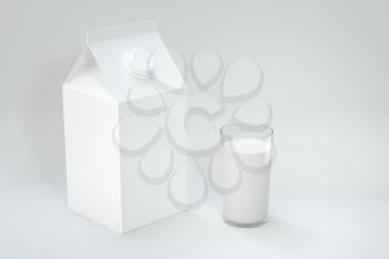 Milk box and a cup of milk, 3d rendering. Computer digital drawing.