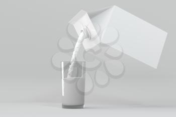 Milk pouring down from the paper box, 3d rendering. Computer digital drawing.