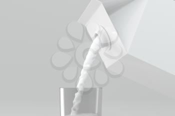 Milk pouring down from the paper box, 3d rendering. Computer digital drawing.
