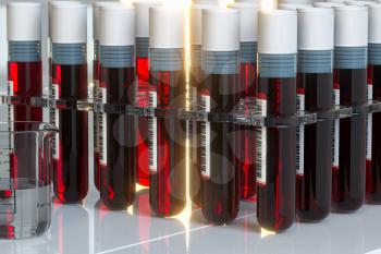Blood test tubes with laboratory, 3d rendering. Computer digital drawing.