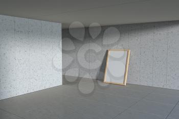 Blank white banner outside. Concrete building in the background. 3d rendering. Computer digital drawing.