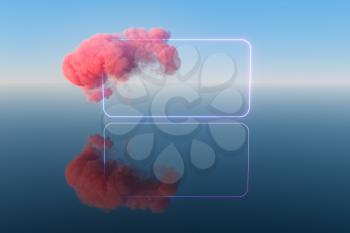 Cloud and geometric figure floating on the lake, 3d rendering. Computer digital drawing.