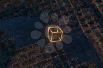 Glowing cubes block, glass material, 3d rendering. Computer digital drawing.