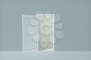 Wooden door with blank grey wall, 3d rendering. Computer digital drawing.
