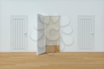 Wooden door with white wall background, 3d rendering. Computer digital drawing.